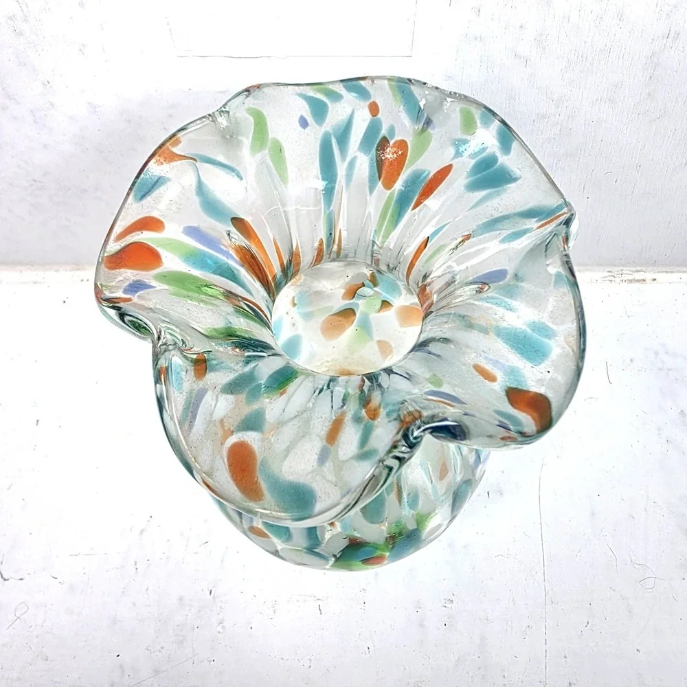 Vintage Hand Blown Murano Style Confetti Ruffled Fluted‎ Vase 4.5
